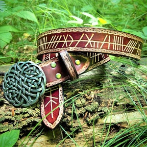 ogham belt, The Ballispellan Broche, celtic belt, irish belt, pictish belt, ogham leather, druin belt, druid costume, druid leather