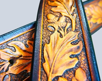 belt with oak leaves made of leather, XS-XXL, buckle with deers