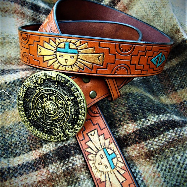 aztec calendar belt, leather handmade indian belt, aztec design belt