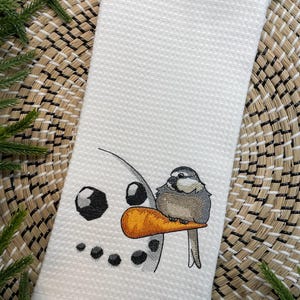 Oversized Snowman & the Chickadee Christmas Towel, Snowman Towel, Chickadee Towel, Bird Towel, Christmas Decor, Housewarming Gift,
