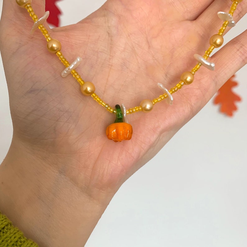 Handmade glass pumpkin beaded necklace
