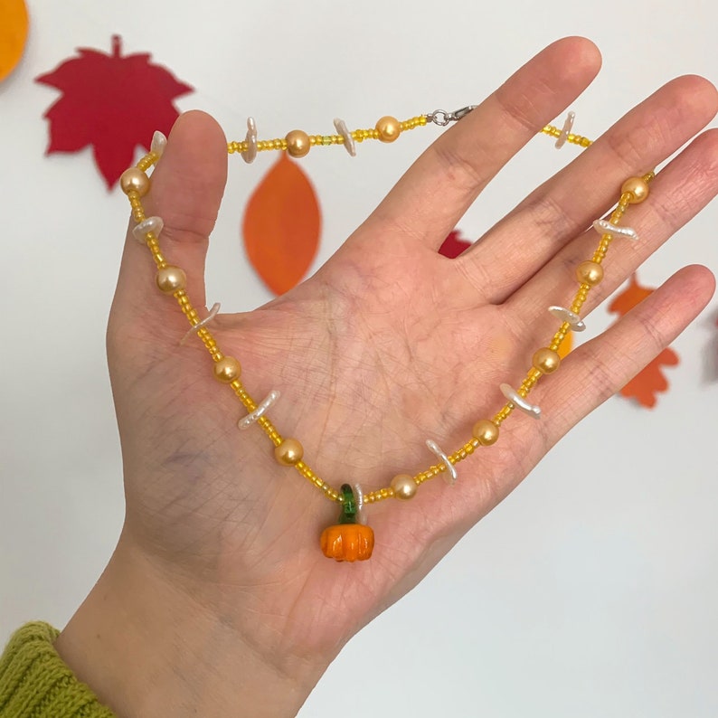 Handmade glass pumpkin beaded necklace
