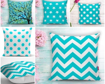 Funda de cojín con diseño de árbol de la vida, color turquesa, blanco, verde y azul, con diseño de estrella blanca en zigzag y rayas de chevrón, ideal como regalo para casa, B1