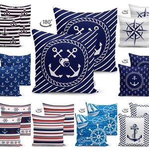 May include: Set of 10 decorative throw pillow covers with nautical themes. The covers feature various designs including anchors, stripes, and a compass. The covers are reversible and have a zipper closure.