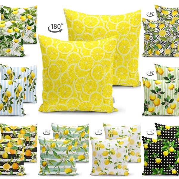 Clôture des soldes ! Taie d'oreiller décorative jaune et verte citronnier d'été imprimée double face florale Housse de coussin géométrique