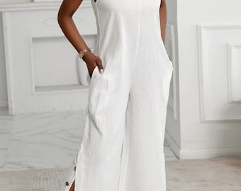 Diana Linen Jumpsuit With Side buttons Sleeveless