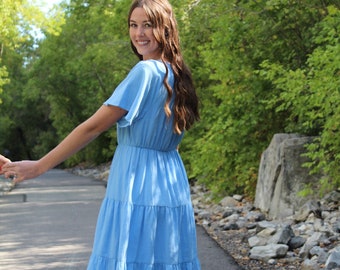 Light blue short sleeve dress, linen dress, loose linen dress