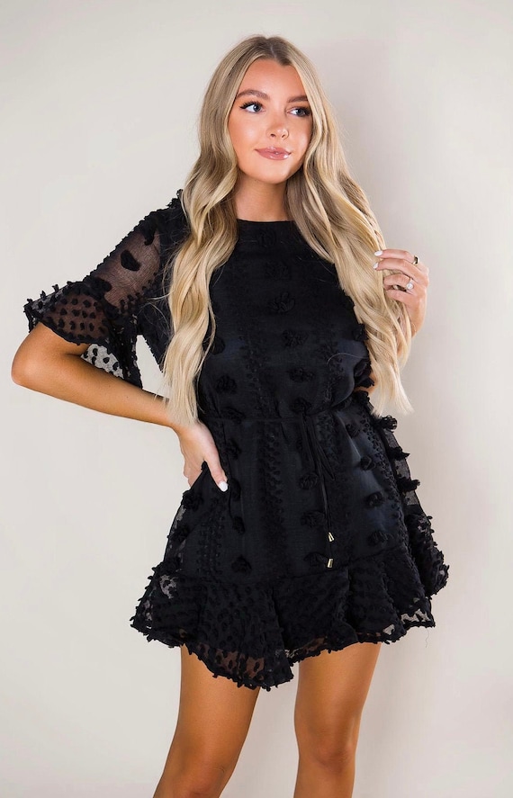 Pom Pom Black Dress, Womens Dress, Black Dress, Short Dress, Ruffle Sleeves, Womens Dress, Holiday Dress Pom Pom Black Dress, Womens Dress, Black Dress, Short Dress, Ruffle Sleeves, Womens Dress, Holiday Dress