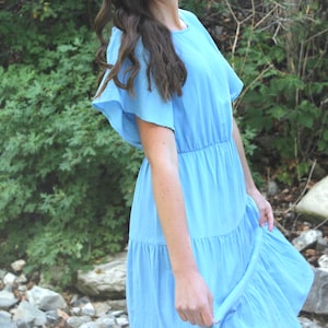Light blue short sleeve dress, linen dress, loose linen dress