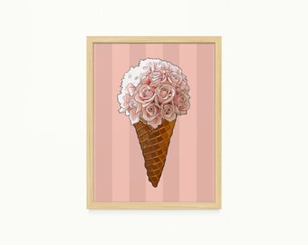 Pink Rose Ice Cream Bouquet Printable Artwork, PNG Digital Files, Wall Art Digital Download, Little Girls Bedroom/Nursery Art