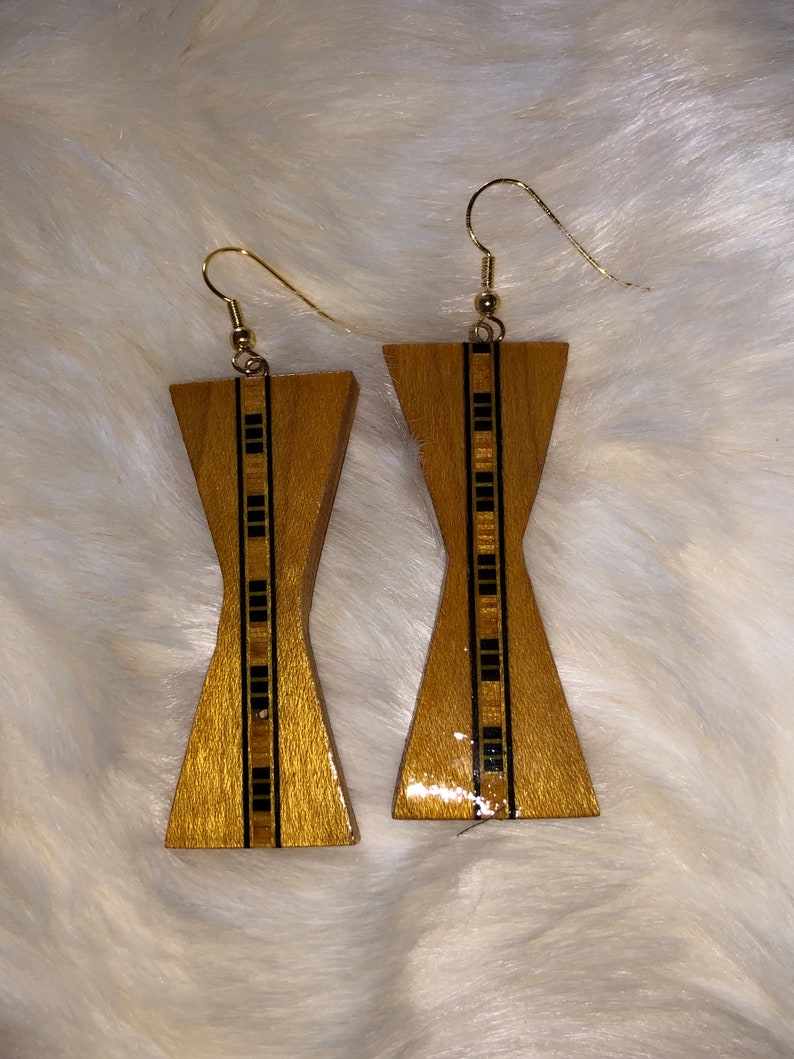 Vintage Hourglass Wood Dangle Earrings with Geometric Inlay Etsy
