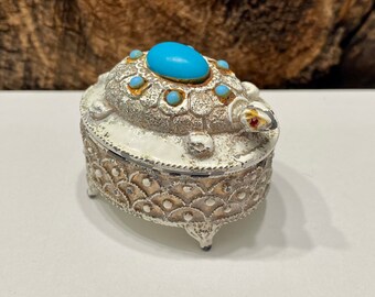 Pink Florenza Trinket box with Purple White stones Gold tone metal Hollywood Regency Style Covered Trinket Box