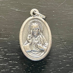 Vintage Sacred Heart Jesus Religious Medal, Vintage Jesus Pendant, Catholic Pendant, Virgin of Carmel, Our Lady of Mt Carmel on the Reverse