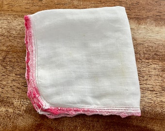 Vintage Linen Handkerchief: White with Pink Lace Trim, Quilt Square