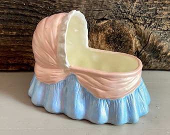 Vintage Ceramic Baby Crib Planter: Pink & Blue Bassinet Decor