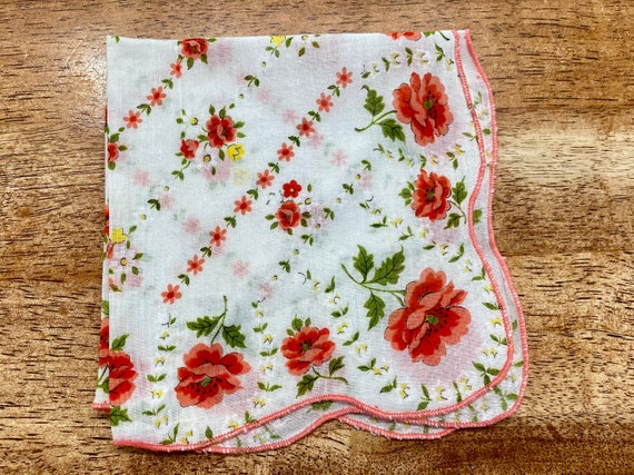 Vintage Pink Floral Handkerchief, White, Green, a… - image 1
