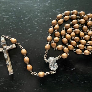 Vintage Wood Bead Rosary, Wood Cross with Aluminum End Caps and Metal Jesus, Old Wood Rosary, Wood Prayer Beads, Sacred Jesus Center Piece