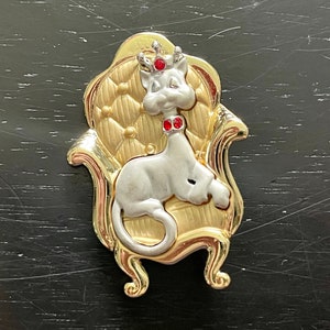 Vintage &quot;AJC&quot; Cat Brooch, Vintage Cat on a Throne Brooch, Rhinestone Brooch, Silver and Gold Tone Metal Brooch, American Jewelry Company Pin