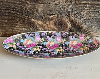 Vintage Royal Chintz Vanity Dish: Black Floral Porcelain Bowl