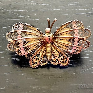 Vintage 800 Butterfly Brooch, Gold Cannetille Vintage Butterfly Pin, Pink Butterfly Lover's Gift, Vintage Gold Butterfly Pin