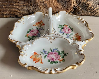 Vintage JLMenau Dish, Vintage Floral Sectioned Dish, Shabby Chic Vanity Trinket Dish, Graf Von Henneberg, Made in Germany, Dish with Handle