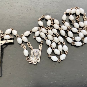 Vintage White Bead Rosary, Jesus/Virgin Mary Center Piece, Silver Tone Metal Cross and Centerpiece, Vintage White Plastic Bead Rosary