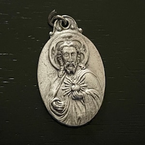 Vintage Sacred Heart Jesus Religious Medal, Vintage Jesus Pendant, Catholic Pendant, Virgin of Carmel, Our Lady of Mt Carmel on the Reverse