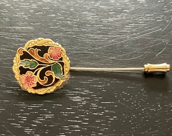 Vintage Cloisonne Floral Stick Pin, Gold Tone Sweater Pin, 1970s Brooch