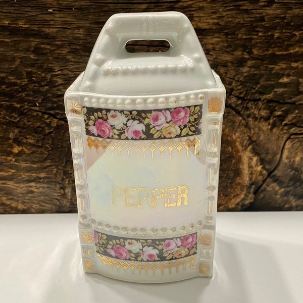 Antique Pepper Container, Vintage Floral Container, Iridescent Container, Vintage Spice Container, Kitchen Container, Made in Germany