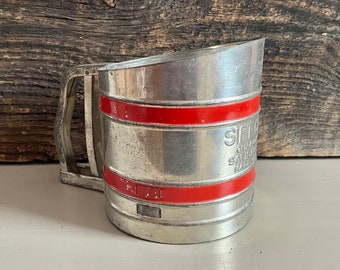 Vintage Large Silver Metal Sifter, Sift Chine Sifter, Silver and Red Sifter, Red Painted Metal Sifter, Vintage Sifter, Vintage Kitchen Decor