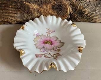 Vintage Mitterteich Bavaria Floral Dish: Gold Trim Ceramic Ashtray