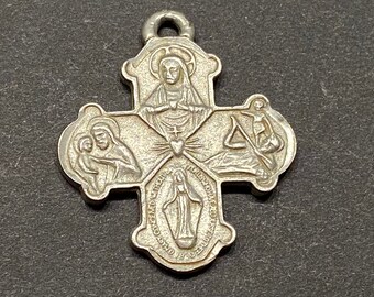 Vintage Pewter 4-Way Religious Medal: Sacred Heart, Mary, Christopher, Joseph