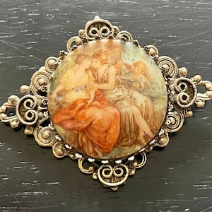 Vintage Victorian-Style Brooch, Pin of Two Women in Dresses with a Cherub, Diamond Brooch, Silver Tone Metal Pin, Vintage Jewelry