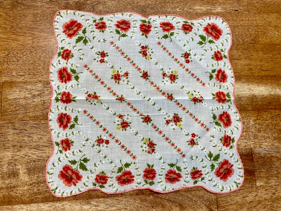 Vintage Pink Floral Handkerchief, White, Green, a… - image 4