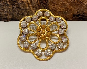 Vintage Gold Floral Brooch: Rhinestone Flower Pin