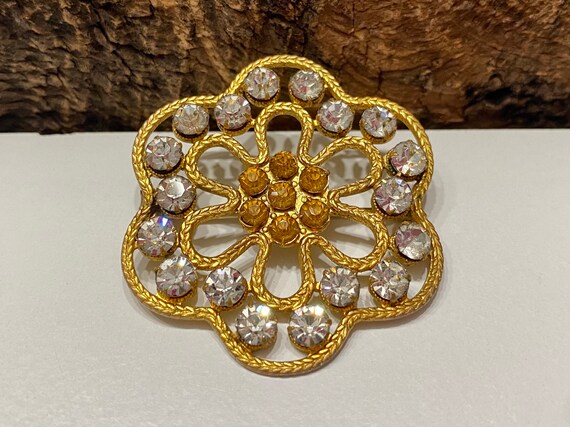 Vintage Gold Floral Brooch, Gold and Clear Rhines… - image 1