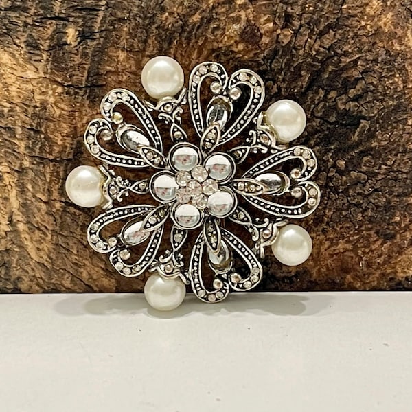 Vintage Ornate Brooch, Floral Brooch, Heart Shaped, Rhinestones, Faux Pearls, Silver Tone Metal Brooch, Flower Brooch, Vintage Pin