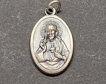 Vintage Sacred Heart Jesus Medal: Catholic Pendant, Our Lady of Mt Carmel Reverse