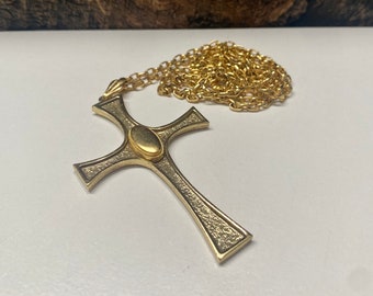 Vintage Gold Tone Crucifix Necklace: Embossed Religious Pendant, 15” Chain