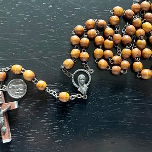 Vintage Wood Bead Rosary, Wood Cross with Aluminum End Caps & Metal Jesus, Italian Wood Rosary, Wood Prayer Beads, Virgin Mary Center Piece