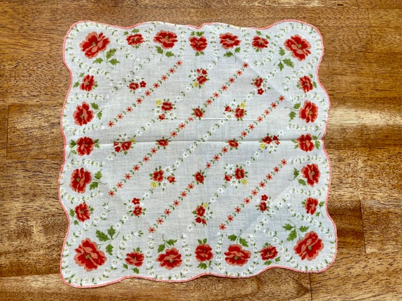 Vintage Pink Floral Handkerchief, White, Green, a… - image 2