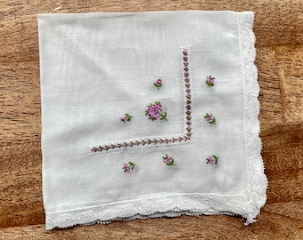 Vintage Floral Handkerchief: White Linen Hankie with Lace Trim