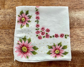 Vintage Floral Handkerchief: Pink, Green, and White Hankie