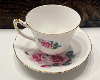 Vintage Royal Sutherland Rose Teacup and Saucer Set: Staffordshire Bone China