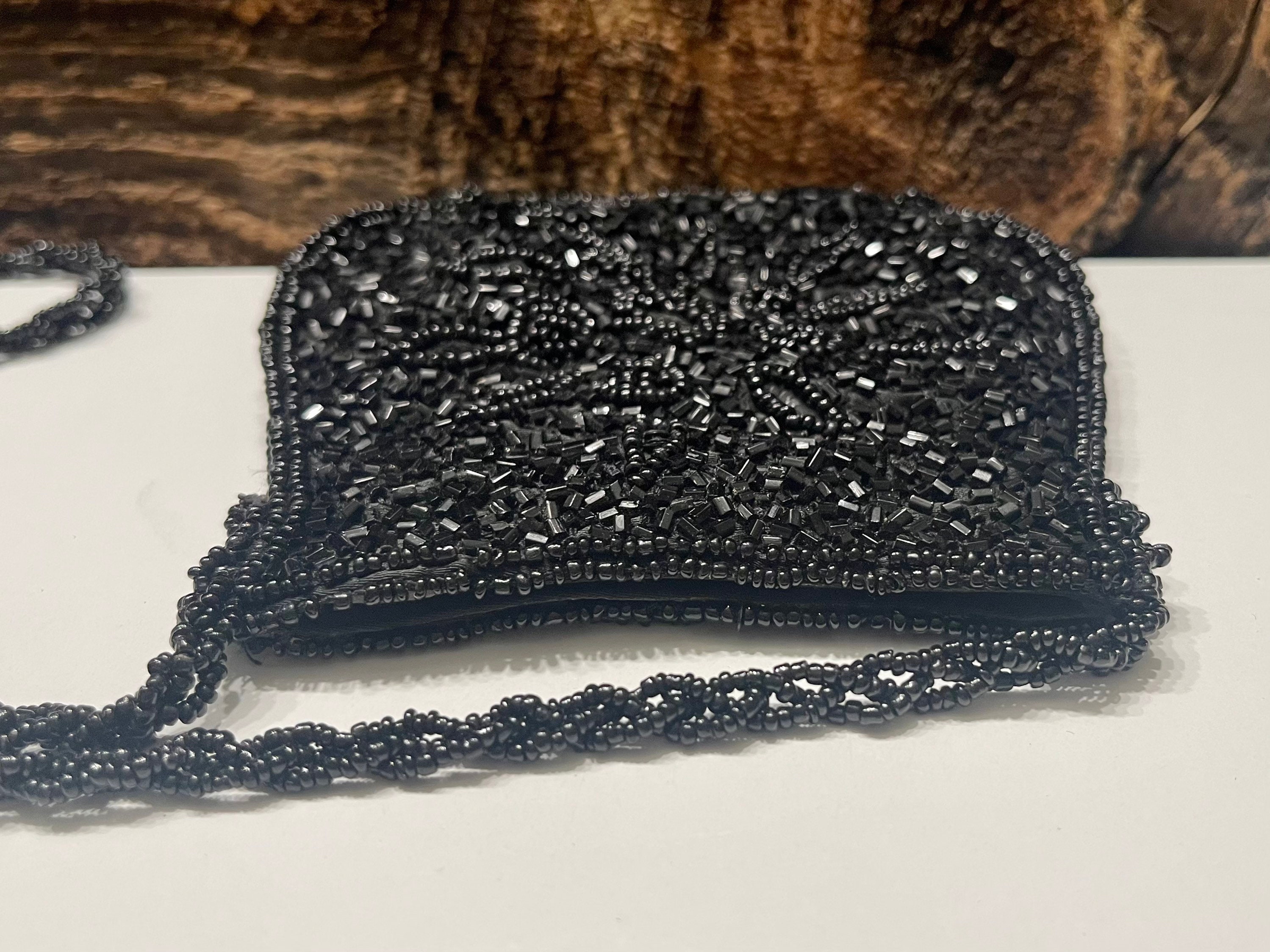 Petit Sac à Main Soirée En Perles De Soie Noires - Fabriqué Artisanalement En Inde - Occasion