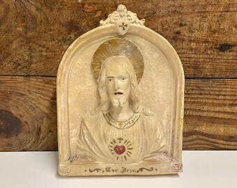 Vintage Sacred Heart Jesus Chalkware Shrine Plaque