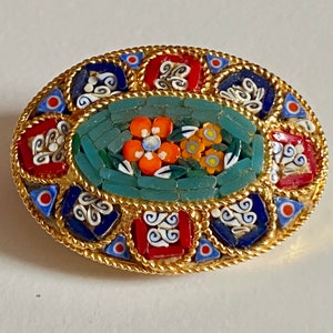 Vintage Micro Mosaic Brooch, Floral Micro Mosaic Brooch, Oval Micro Mosaic Pin, Blue, Red, Orange and Green Pin, Gold Metal Base Pin