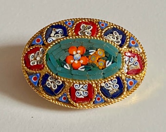 Vintage Micro Mosaic Brooch, Floral Micro Mosaic Brooch, Oval Micro Mosaic Pin, Blue, Red, Orange and Green Pin, Gold Metal Base Pin