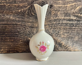 Vintage Lenox Floral Vase, Gold and White Vase, Pink Rose Vase, Porcelain Vase, Floral Vase with Gold Details, Made in U.S.A