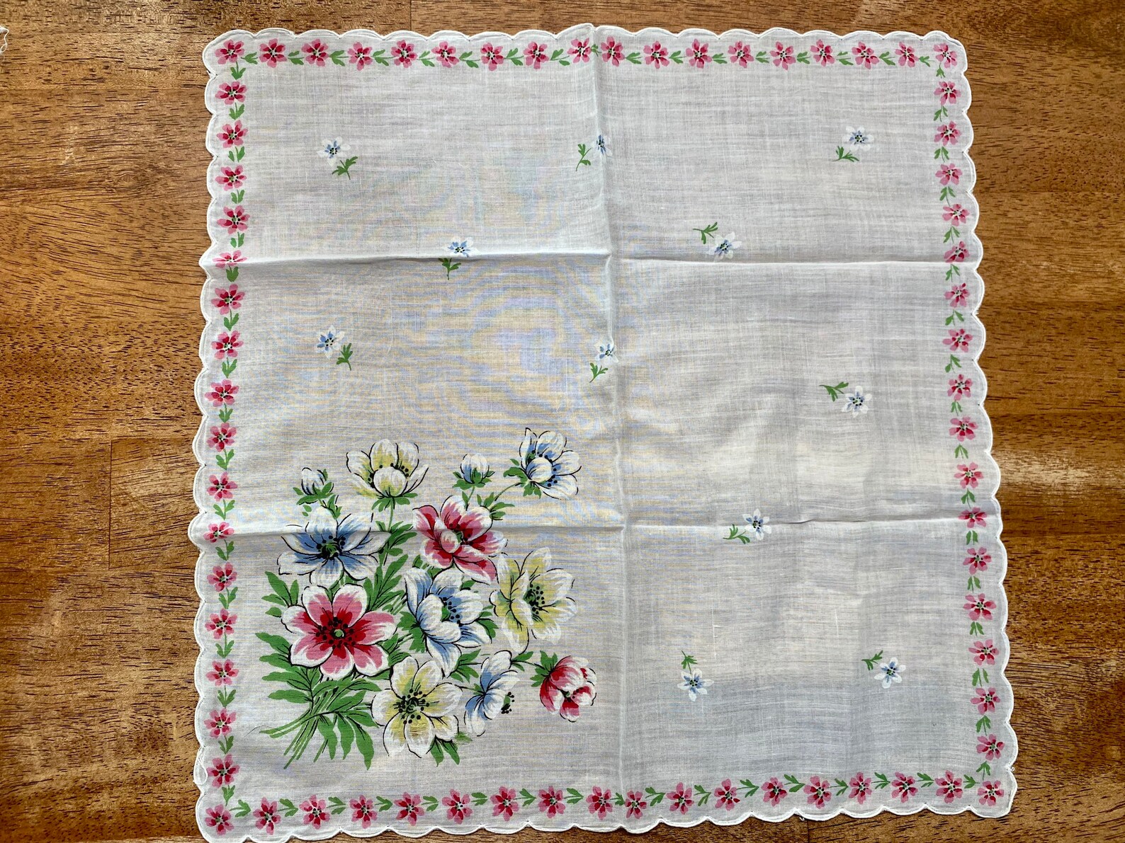Vintage Pink Floral Handkerchief White Green Blue Yellow | Etsy